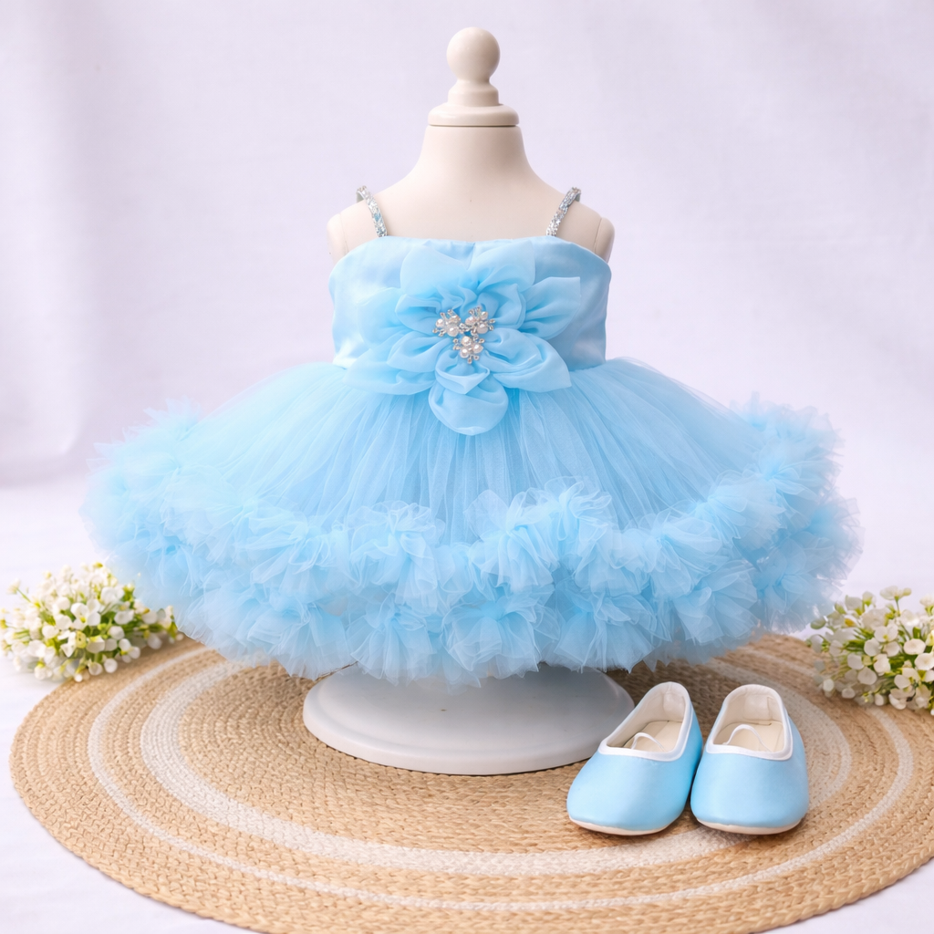 Sky Blue Net Frock Sleeves for Girls | Elegant Dress for Kids | Stylish Sleeveless frock
